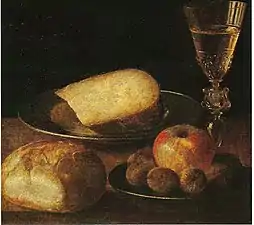Sébastien Stoskopff, Nature morte aux fruits, fromage et pain.