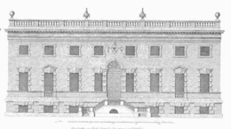 Façade sud de la Stourhead House, conçue par Colen Campbell et réalisée de 1720 à 1724 par Nathaniel Ireson. Le plan de celle-ci est basé sur celui de la Villa Emo de Palladio.