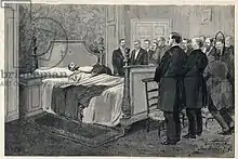 Personnages recueillis devant la dépouille d'un proche étendu sur un lit. Gravure.