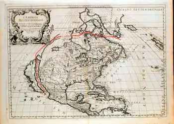 Carte de l'Amérique du Nord selon Guillaume Sanson (Rome, 1687).