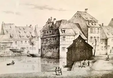 Vue du quartier des Suabes (1840).Le Renard-Prêchant se trouve au bord du Rheingiessen.