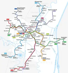 Plan du réseau en septembre 2020, avec les lignes de tramway.