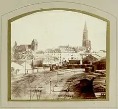 L’ancienne gare de Strasbourg, vue générale vers 1869. – Coll. Bibliothèque nationale et universitaire de Strasbourg.