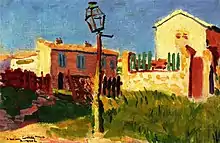 Peinture représentant dans des couleurs crues et sur fond de ciel bleu un réverbère cassé devant quelques maisons avec barrières et verdure