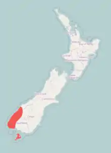 Carte de Nouvelle-Zélande, en rouge aire de répartition du kakapo
