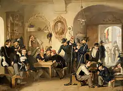 Poste de garde des étudiants de la Légion universitaire de la vieille université en 1848 - Franz Schams (1824-1883) - Les étudiants étaient les ressorts de la révolution et l'aula de la vieille université (aujourd'hui Académie des Sciences) a été de plus en plus le centre du mouvement révolutionnaire.