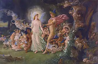 La peinture présente une fée et un homme peu vêtus qui se regardent et semblent s'interpeller. Circulant dans une forêt, ils sont entourés de plus petits êtres, plusieurs montrant leur joie.