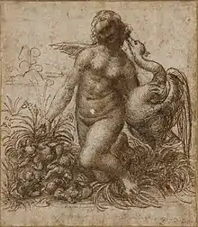 Léonard de Vinci, Étude pour Léda agenouillée, dessin.
