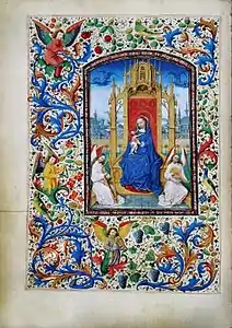 Vierge à l'Enfant trônant avec deux anges musiciens (livre d'heures de Marie de Bourgogne, 1477)