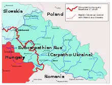 La Ruthénie subcarpathique en 1939 (Hongrie en rouge)