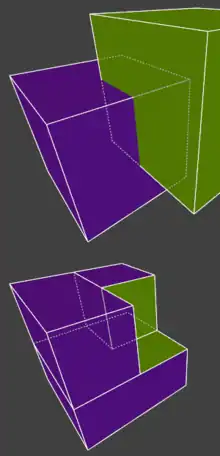 Deux éléments distincts sont formés par l'assemblage de formes cubiques de couleur verte et violette et créés grâce au logiciel QERadiant.