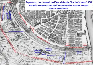 Territoire au-delà de l'enceinte de Charles V vers 1550 sur plan de Saint-Victor