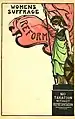 Carte postale, imprimée, carton, image et texte noir colorés à la main en rouge, vert et jaune, fond blanc, produite par le Suffrage Atelier.