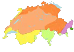 Carte colorée de la suisse indiquant les bassins hydrographiques, la carte montre que le bassin du Rhin et de l'Aar couvre la plus grande partie du territoire, plus des deux tiers.