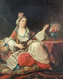 Peinture à l'huile, sultane dans la même position que l'image précédente, ressemblant à Madame de Pompadour.