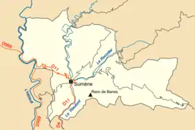 Plan simplifié des routes et rivières du village (avec la présence du Ranc de Banes).