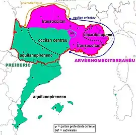 Classification supradialectale de l'occitan selon D. Sumien
