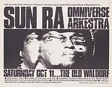 Affiche en noir et blanc, au milieu une photo de Sun Ra est déformée de façon psychédélique.