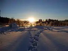 Photographie en couleurs centrée sur une vive lumière, entre ciel bleu et étendue de neige arborée