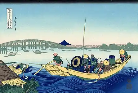 « Coucher de soleil à travers le pont de Ryōgoku depuis la rive de la Sumida à Onmayagashi » de la série des Trente-six vues du mont Fuji par Hokusai (1830).