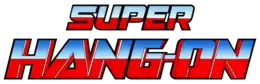 Super Hang-On est inscrit sur deux lignes, en lettres bleues et rouges.
