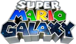 Super Mario Galaxy est inscrit sur trois lignes avec de gros caractères.