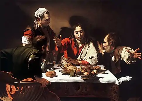 Peinture. Trois hommes sont assis à table, un quatrième est debout et leur sert à manger.