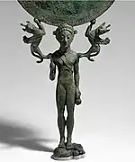 Manche de miroir en bronze en forme de jeune fille nue. Laconie, 550-500. The Met