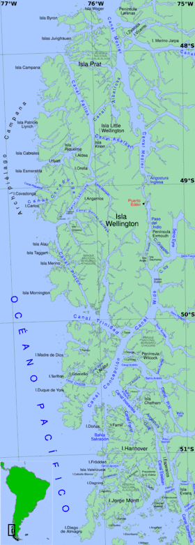La côte sud du Chili et l'archipel de Patagonie. L'île Hanovre se trouvede part et d'autre du 51e parallèle sudet entre les 74e et 75e méridiens ouest.