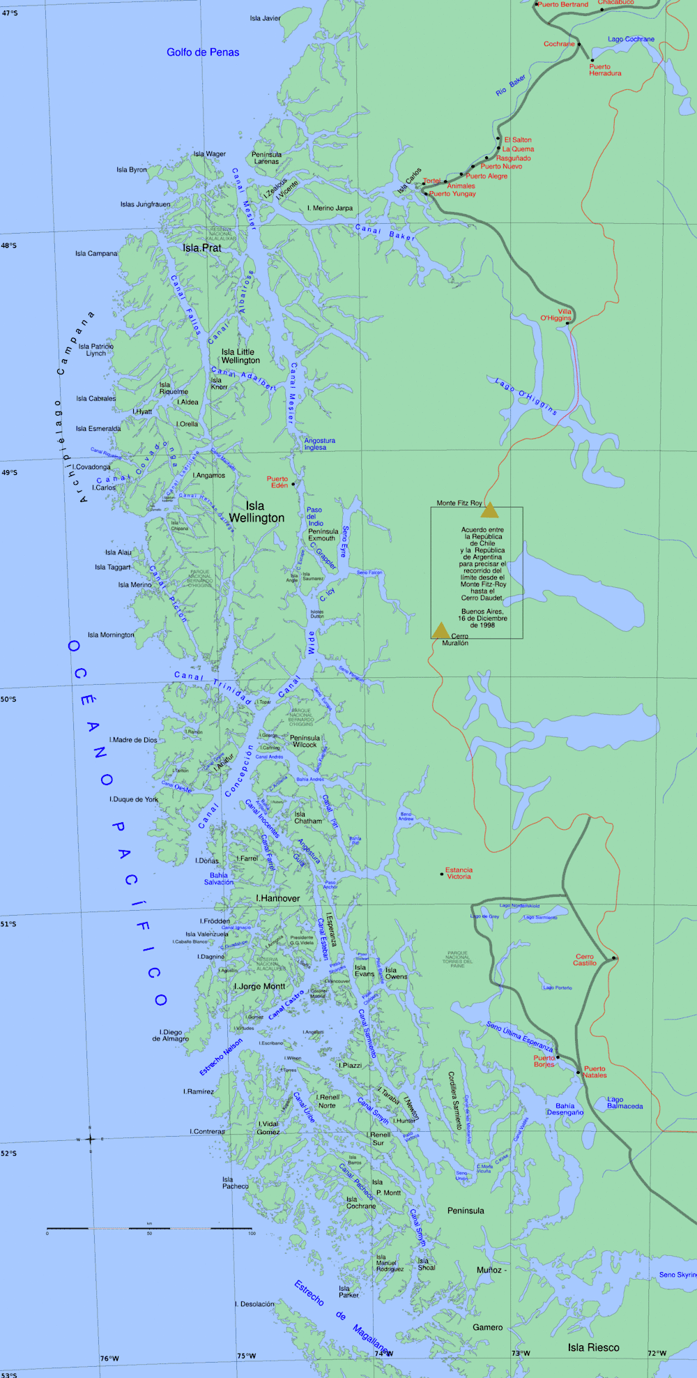 La côte sud du Chili et l'archipel de Patagonie. L'île Evans se trouvesur le 74e méridien ouest,entre les 51e et 52e parallèles sud.