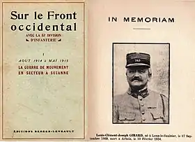 GIRARD Louis Clément Joseph, "Sur le front occidental avec la 53e division d'infanterie." Ouvrage en quatre volumes. Paris - Berger-Levrault ed., Besançon - Sequana ed, Paris - Brodart et Taupin ed., 1932-1938.