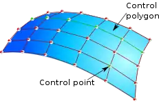 Surface définie NURBS ; nous notons les points de contrôle.