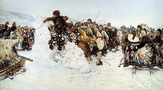 Vassili Sourikov, La Prise de la forteresse de neige, 1891. Musée russe. Ratchkovskaïa Ekaterina est assise dans le traineau à droite.