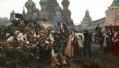 peinture représentant une foule bigarrée avec bâtiments moscovites reconnaissables en arrière plan