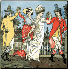 Illustration en couleur montrant deux hommes et deux femmes en train de danser.