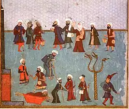 La Colonne serpentine, encore intacte, sur une miniature ottomane de 1582. Sürname de Mourad III, musée de Topkapı.