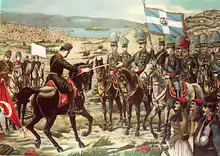 Image en couleur montrant un cavalier ottoman déposant les armes devant un groupe de cavaliers grecs.