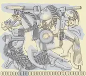 Dessin montrant un cavalier armé d'une lance, au-dessus de lui un homme plus petit armé d'une lance et, sous le cheval, un homme en côte de mailles plantant une épée dans le poitrail du cheval