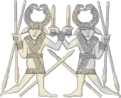Dessin montrant deux hommes dans des postures symétriques, tenant une épée dans une main et deux lances dans l'autre