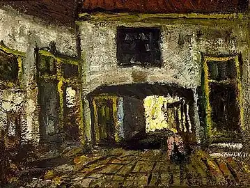 S. Robertson, Courtyard with a Work by Johan Buning, avant 1922, huile sur panneau, collection privée.