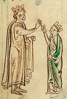 Miniature de deux personnages royaux, homme et femme, se faisant face.