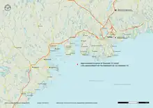 Carte de la façade est de la Nouvelle-Écosse et de la région d'Halifax indiquant les principales villes, les axes routiers et le lieu de l'accident.
