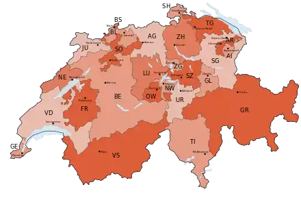 carte de la suisse divisées en cantons, elle permet de visualiser les variations de tailles importantes entre les cantons, la moitié du territoire étant couverte par quatre cantons, Berne, Grisons, Valais et Vaud