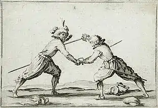 Gravure, un homme transperce son adversaire de son épée.