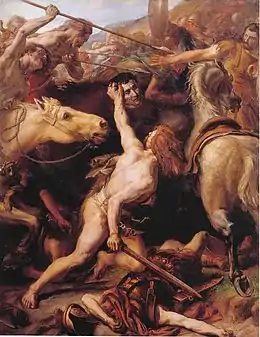 tableau de Sylvestre, le Gaulois Ducar décapite le général romain Flaminius à la bataille de Trasimène