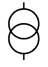 Deux cercles qui s'entremêlent. Chacun est relié à un trait vertical, représentant la connexion au reste du schéma électrique.