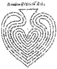 Page de manuscrit avec un poème en forme de cœur ou d'amphore.