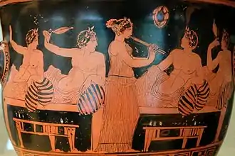 Banquet de L'Antiquité. (Cratère à figures rouges, 530 av. J.-C..)