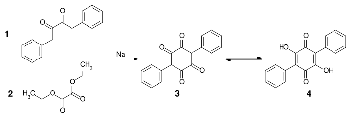 Synthèse de l'acide polyporique à partir de 1,4-diphénylbutane-2,3-dione et d'oxalate de diéthyle.