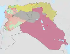 Guerre civile en Irak et Syrie : zones conquises par l'État islamique (en gris) et les YPG kurdes (en vert pâle) en juin 2014